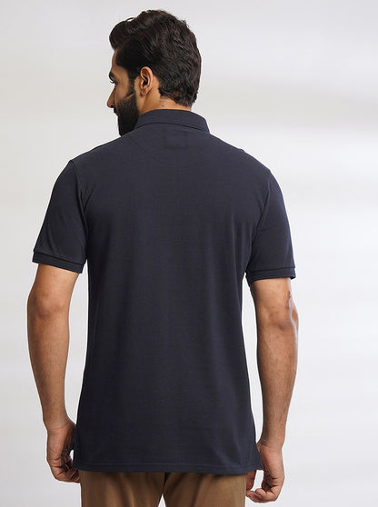 Navy Blue Solid Slim Fit Polo T-Shirt | JadeBlue