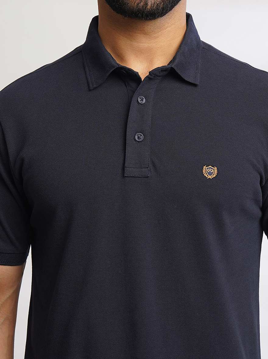 Navy Blue Solid Slim Fit Polo T-Shirt | JadeBlue