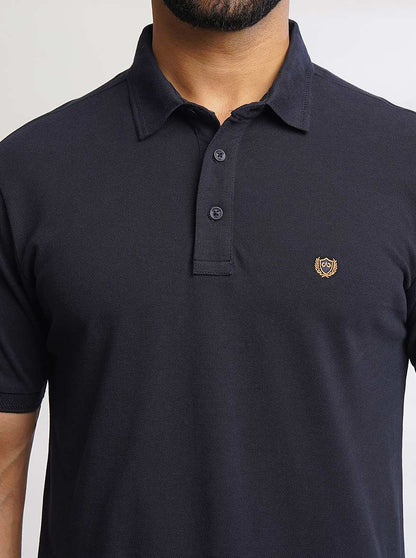 Navy Blue Solid Slim Fit Polo T-Shirt | JadeBlue