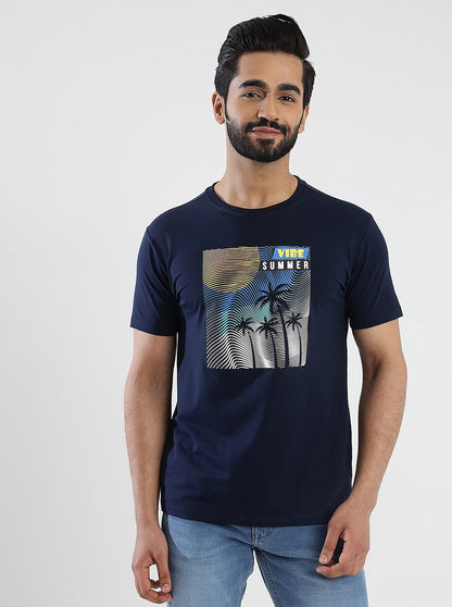 Navy Blue Printed Slim Fit T-Shirt | JadeBlue