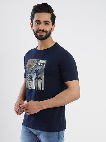 Navy Blue Printed Slim Fit T-Shirt | JadeBlue