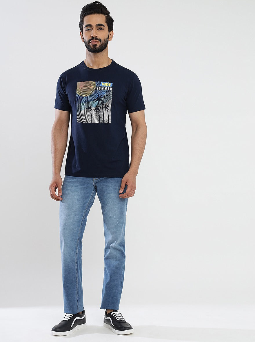 Navy Blue Printed Slim Fit T-Shirt | JadeBlue