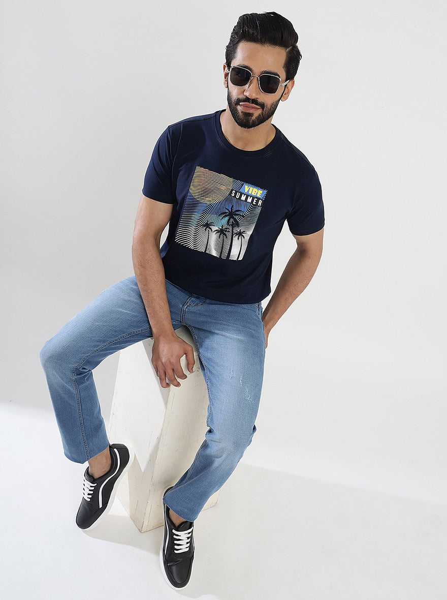 Navy Blue Printed Slim Fit T-Shirt | JadeBlue