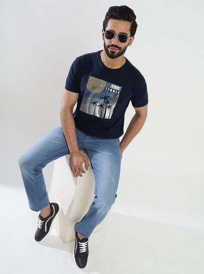 Navy Blue Printed Slim Fit T-Shirt | JadeBlue
