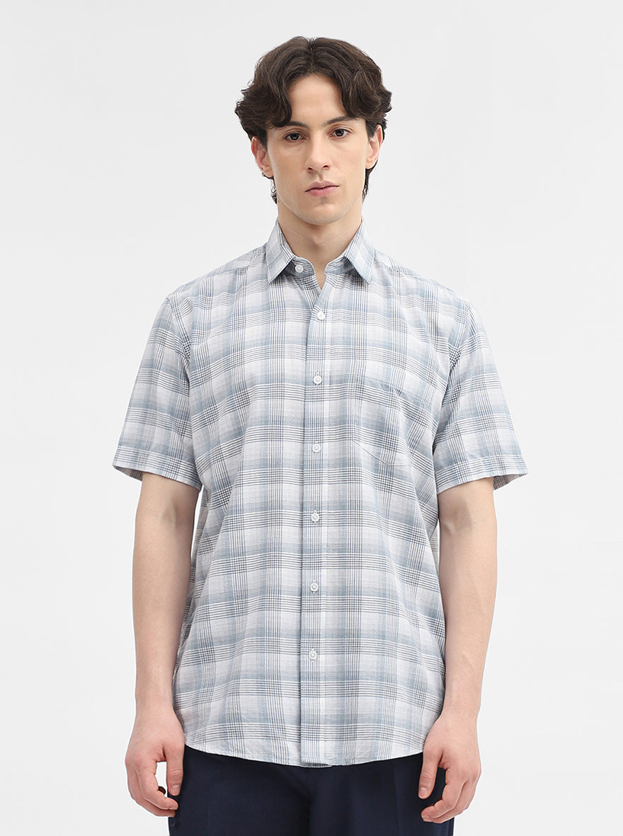 Blue Checked Tailored Fit Semi Casual Shirt | JadeBlue