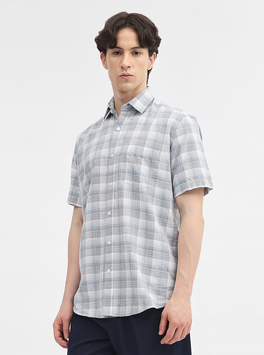 Blue Checked Tailored Fit Semi Casual Shirt | JadeBlue
