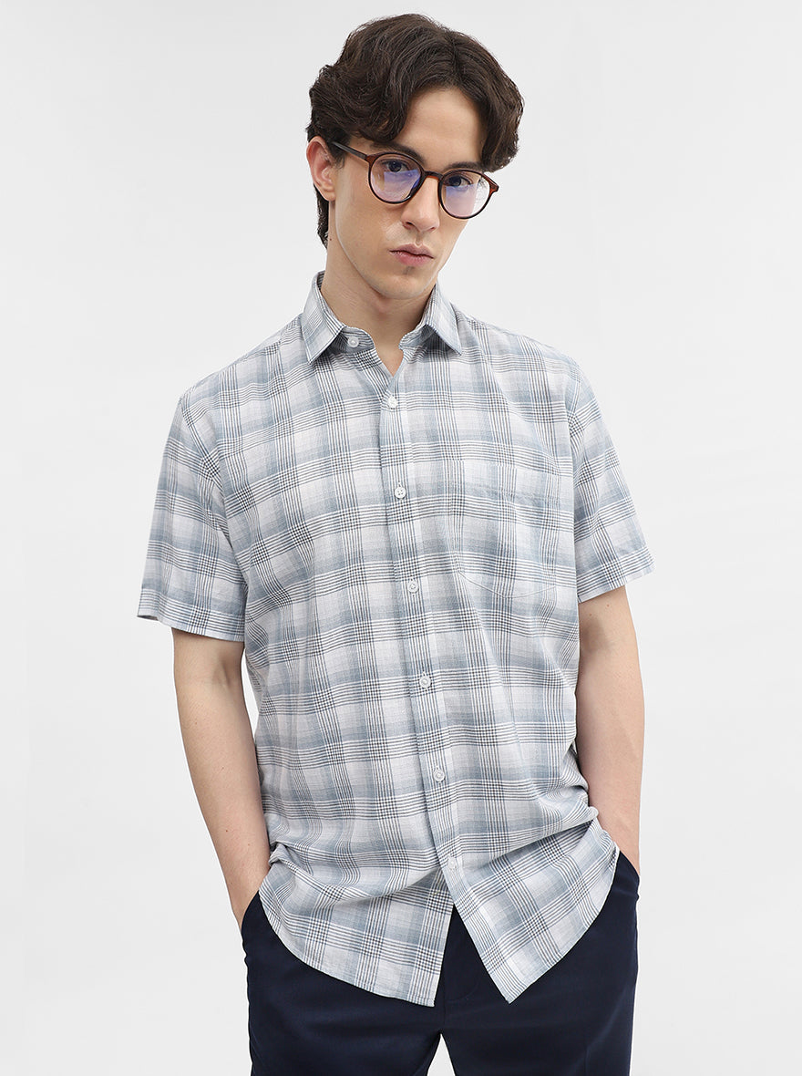 Blue Checked Tailored Fit Semi Casual Shirt | JadeBlue