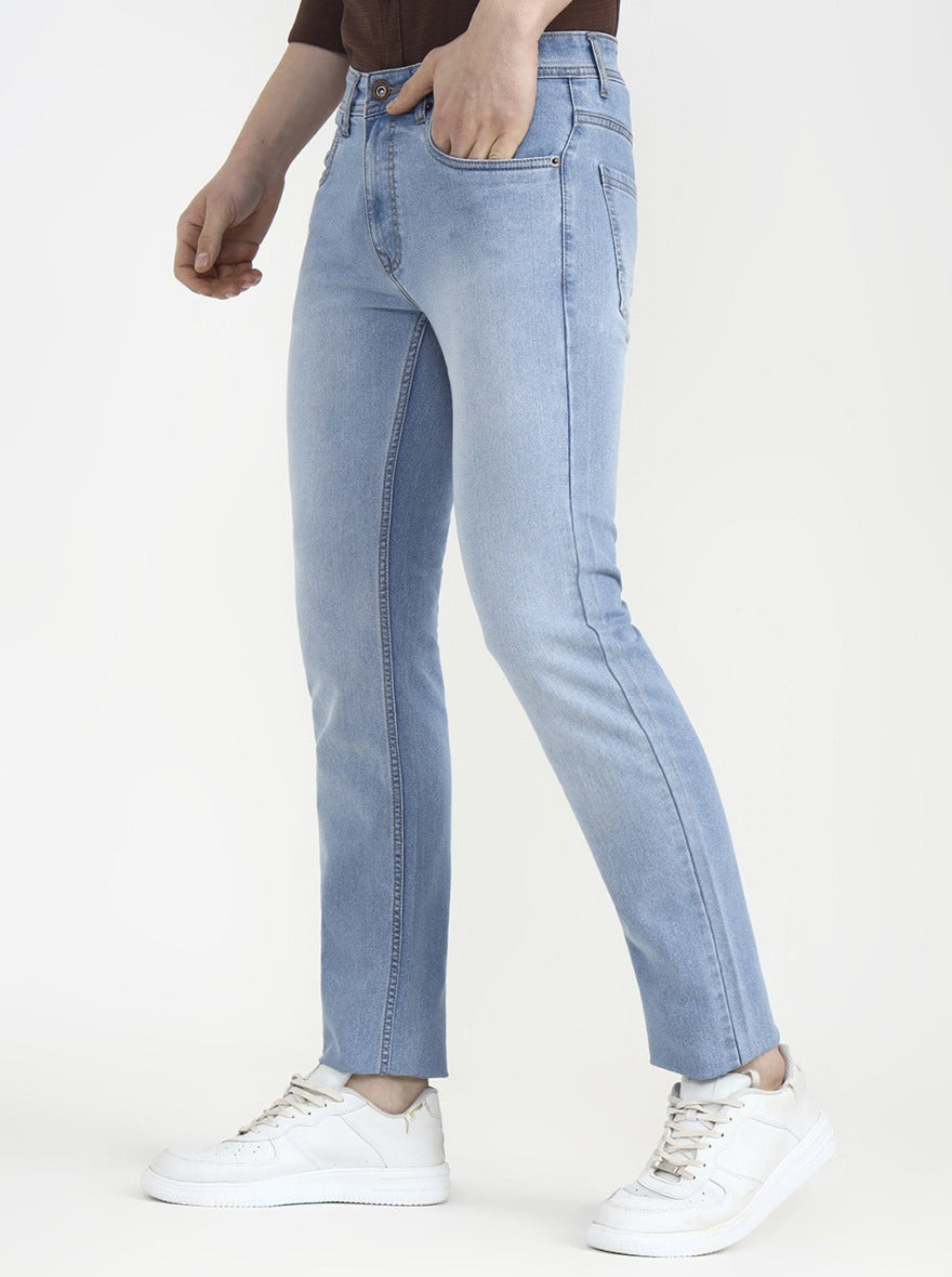 Light Indigo Blue Solid Narrow Fit Jeans | Greenfibre