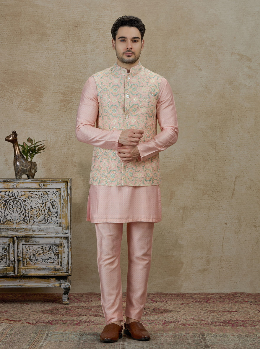 Peach & Pink Printed Kurta Pajama with Koti | TULA