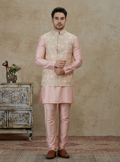 Peach & Pink Printed Kurta Pajama with Koti | TULA