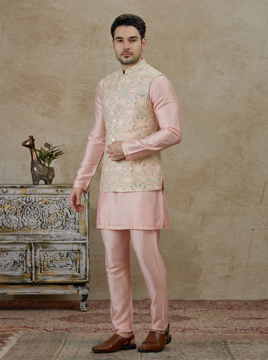 Peach & Pink Printed Kurta Pajama with Koti | TULA