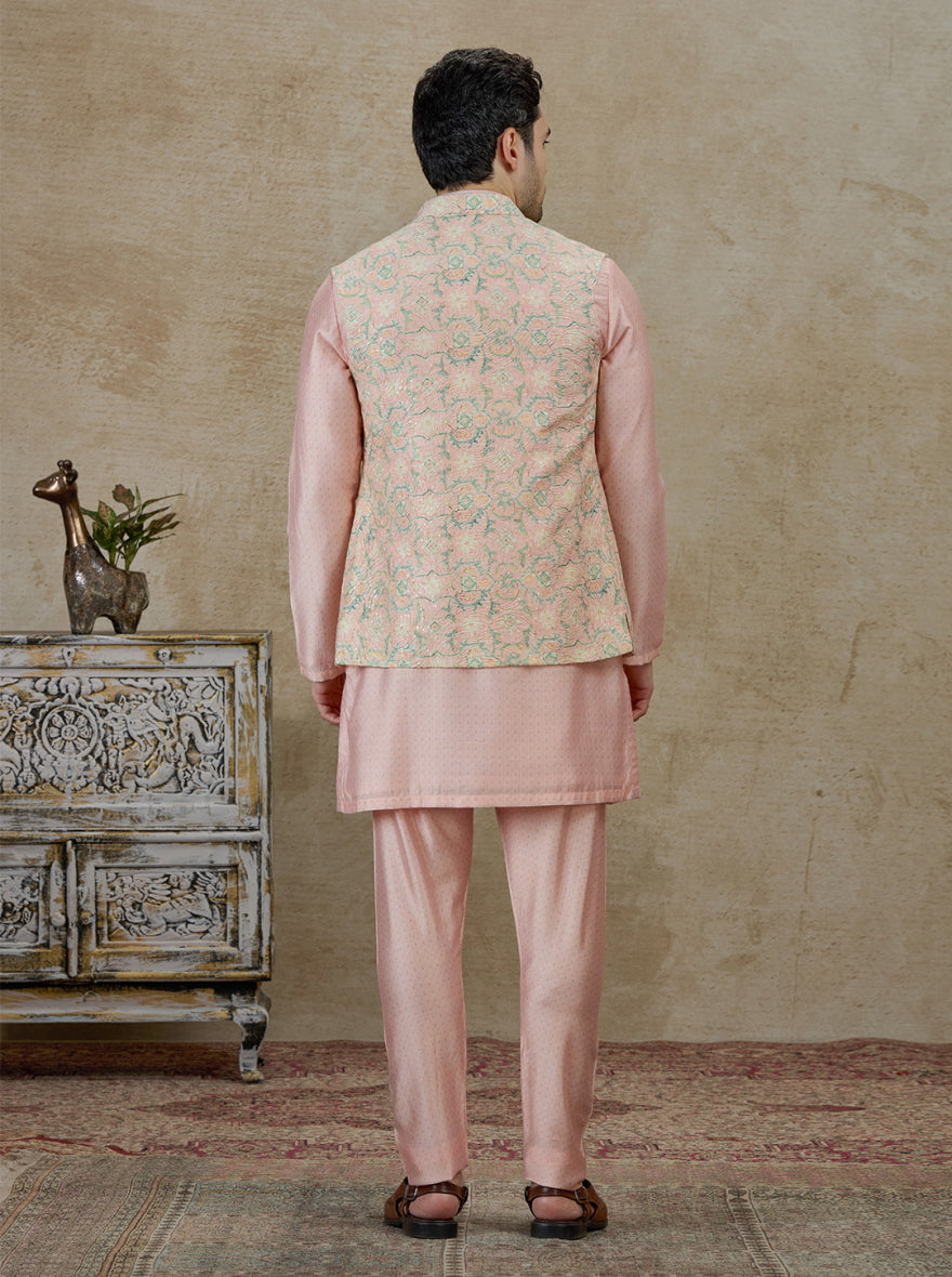 Peach & Pink Printed Kurta Pajama with Koti | TULA