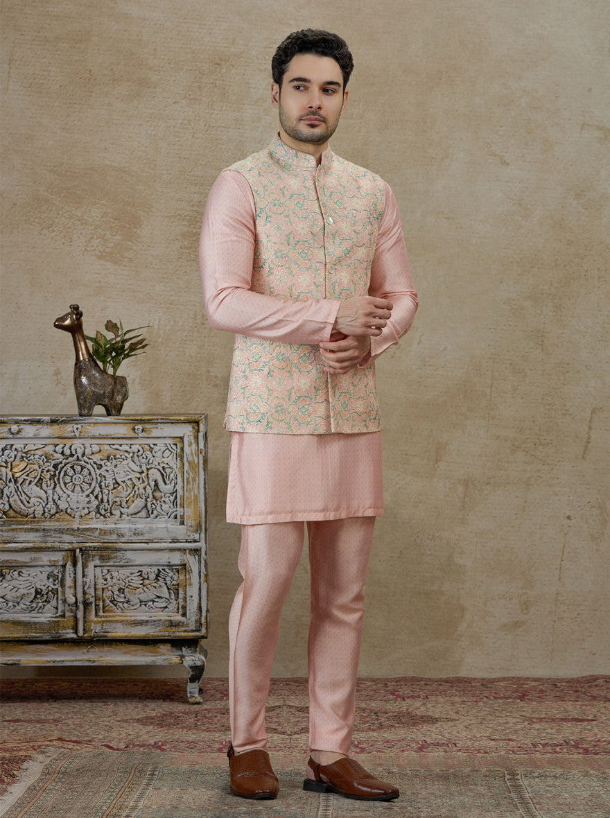 Peach & Pink Printed Kurta Pajama with Koti | TULA
