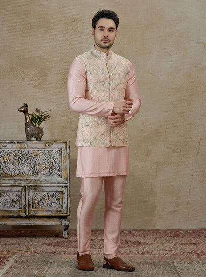 Peach & Pink Printed Kurta Pajama with Koti | TULA