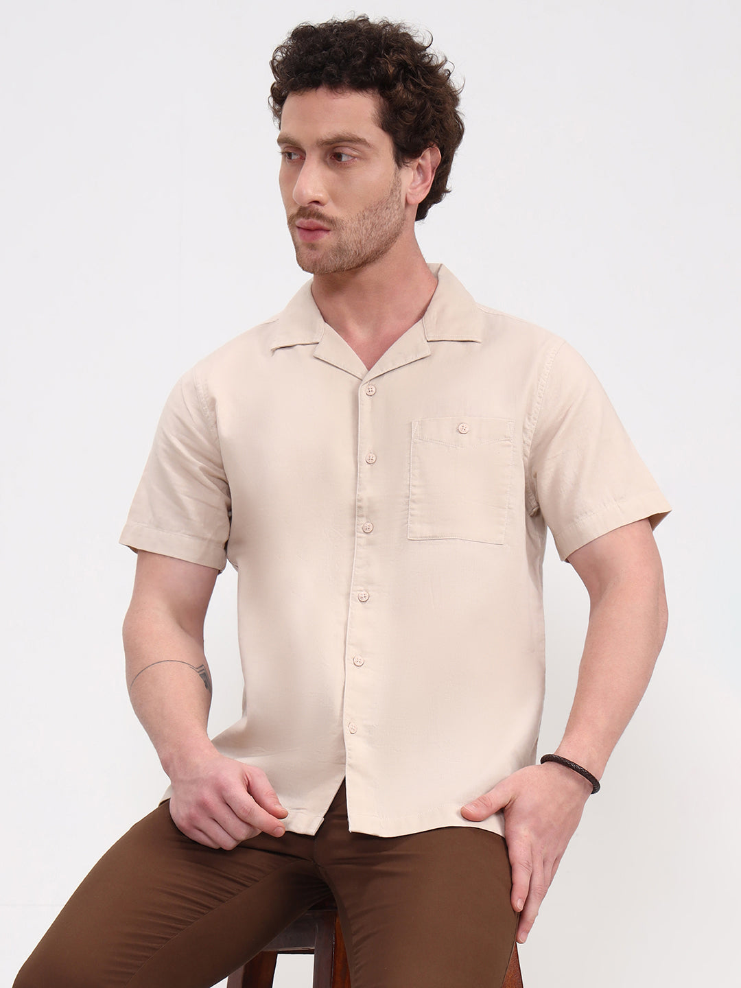 Beige Solid Slim Fit Casual Shirt | JadeBlue