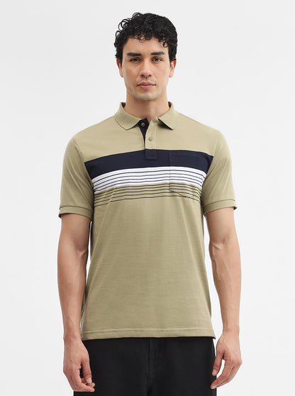 Olive Green & Navy Striped Slim Fit Polo T-Shirt | Greenfibre