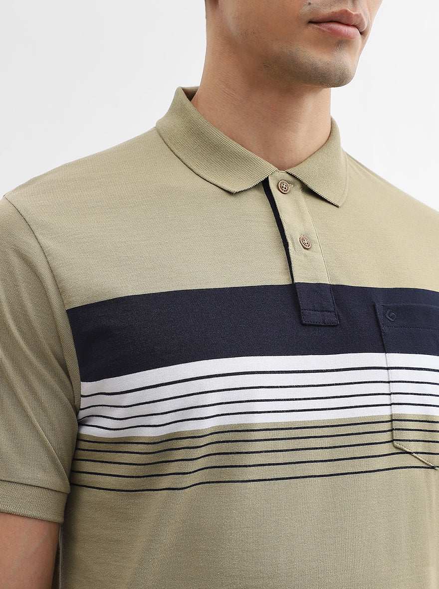 Olive Green & Navy Striped Slim Fit Polo T-Shirt | Greenfibre