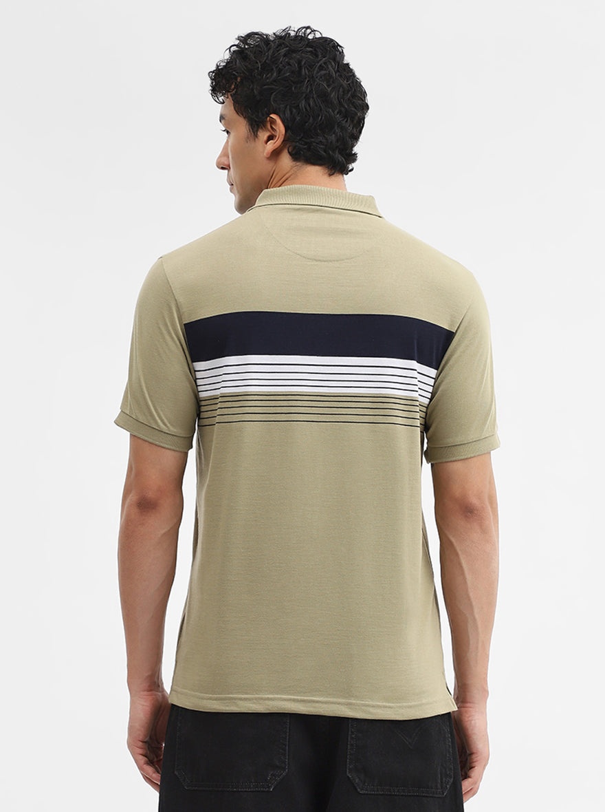Olive Green & Navy Striped Slim Fit Polo T-Shirt | Greenfibre