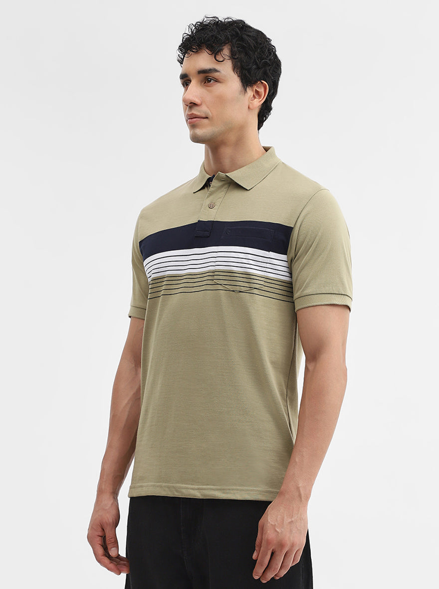 Olive Green & Navy Striped Slim Fit Polo T-Shirt | Greenfibre