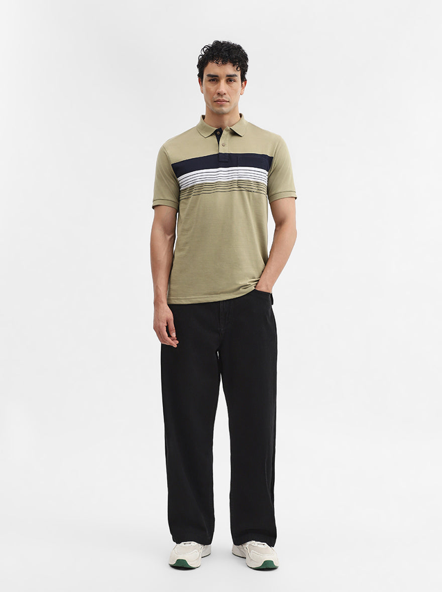 Olive Green & Navy Striped Slim Fit Polo T-Shirt | Greenfibre