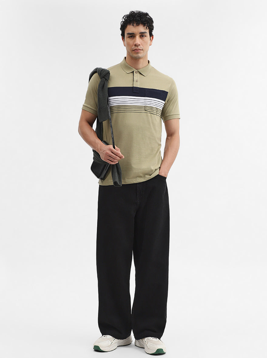 Olive Green & Navy Striped Slim Fit Polo T-Shirt | Greenfibre