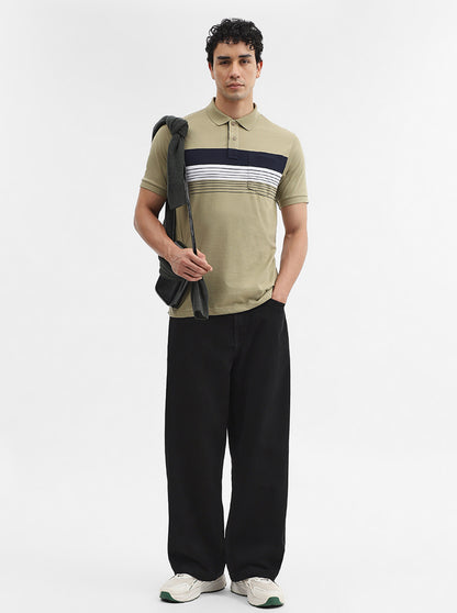 Olive Green & Navy Striped Slim Fit Polo T-Shirt | Greenfibre
