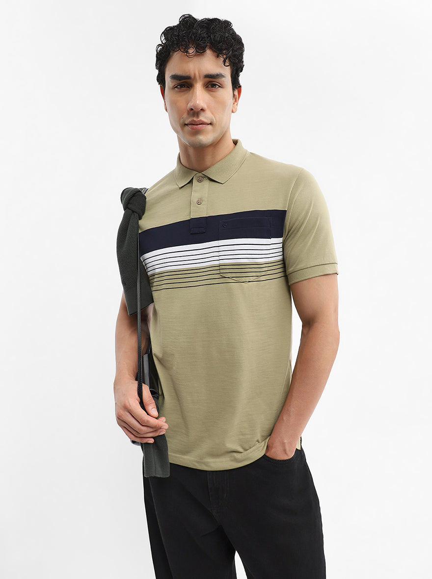 Olive Green & Navy Striped Slim Fit Polo T-Shirt | Greenfibre