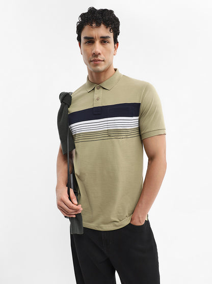 Olive Green & Navy Striped Slim Fit Polo T-Shirt | Greenfibre