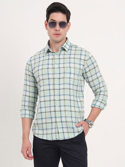 Light Green Checked Slim Fit Casual Shirt | Greenfibre
