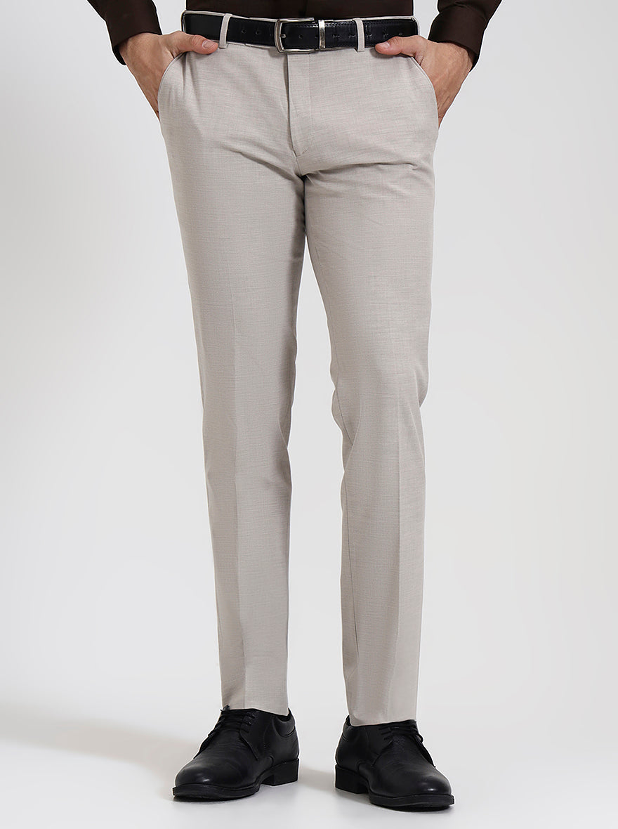 Light Cream Solid Super Slim Fit Formal Trouser | JadeBlue Youth
