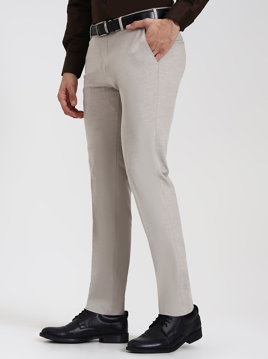 Light Cream Solid Super Slim Fit Formal Trouser | JadeBlue Youth
