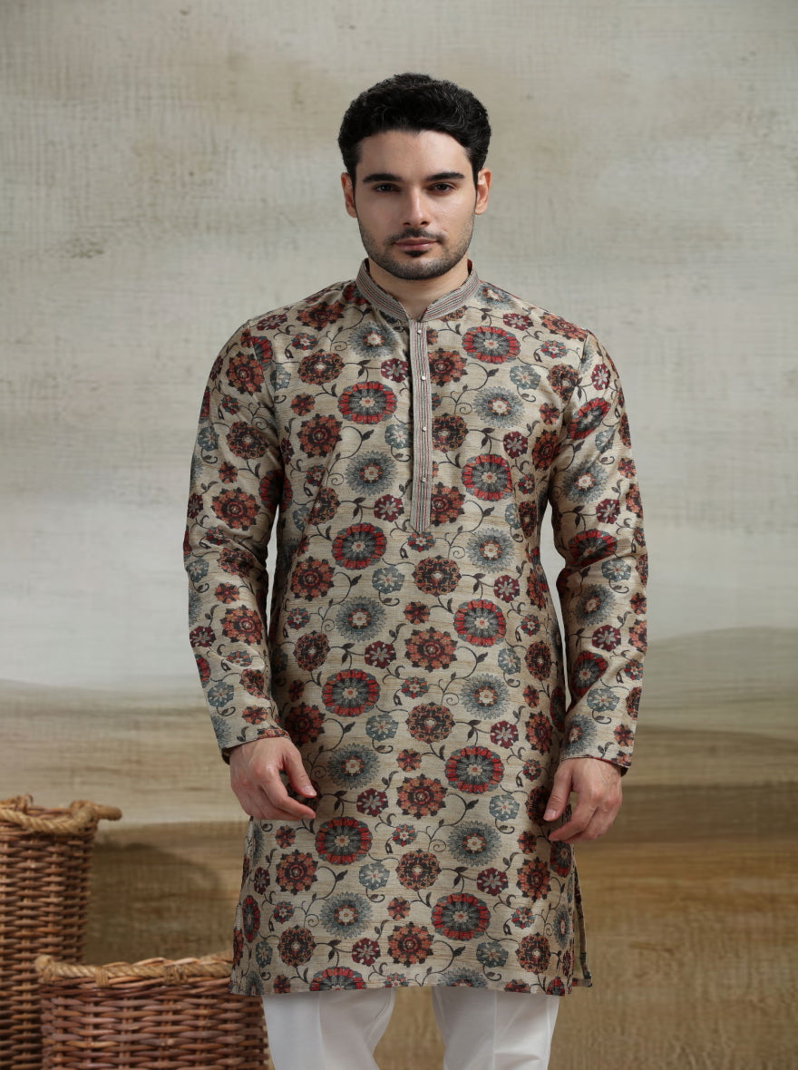 Beige & Multicolor Printed Kurta Pajama | Virasana