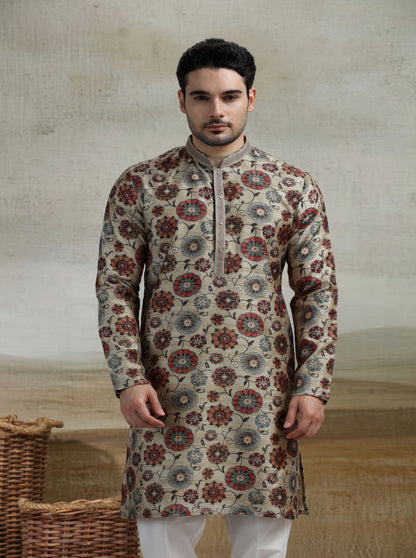 Beige & Multicolor Printed Kurta Pajama | Virasana