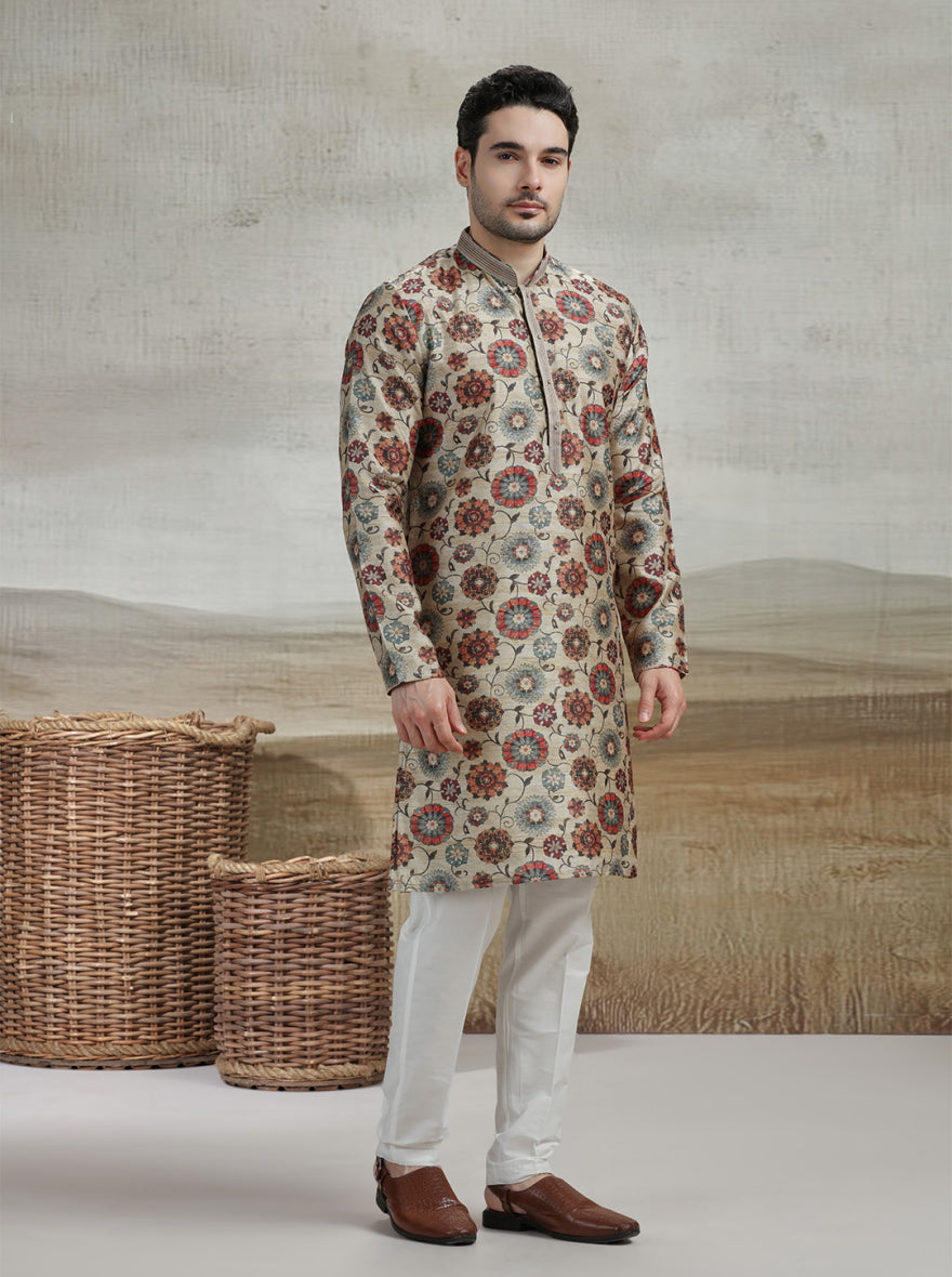 Beige & Multicolor Printed Kurta Pajama | Virasana