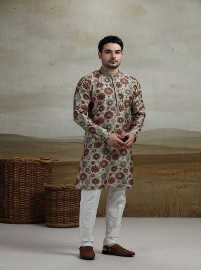 Beige & Multicolor Printed Kurta Pajama | Virasana