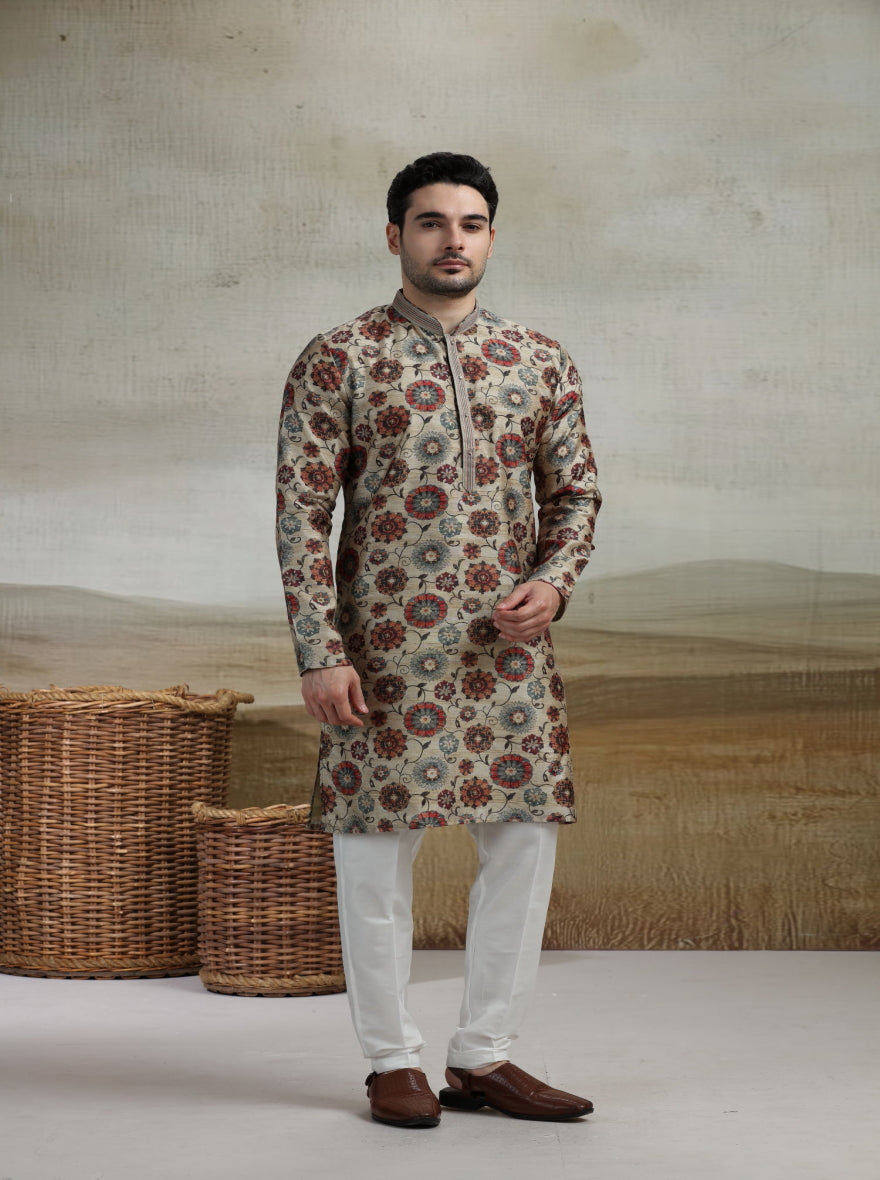 Beige & Multicolor Printed Kurta Pajama | Virasana