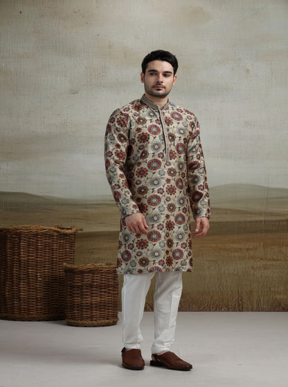 Beige & Multicolor Printed Kurta Pajama | Virasana
