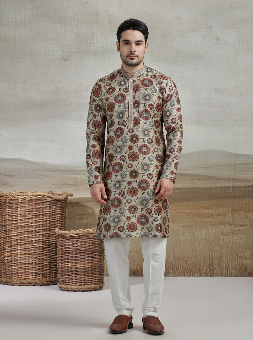 Beige & Multicolor Printed Kurta Pajama | Virasana