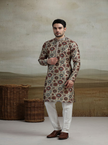 Beige & Multicolor Printed Kurta Pajama | Virasana