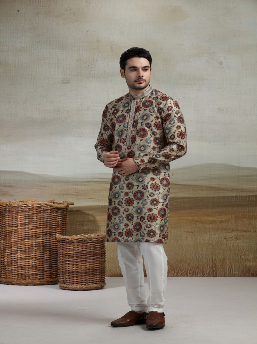 Beige & Multicolor Printed Kurta Pajama | Virasana