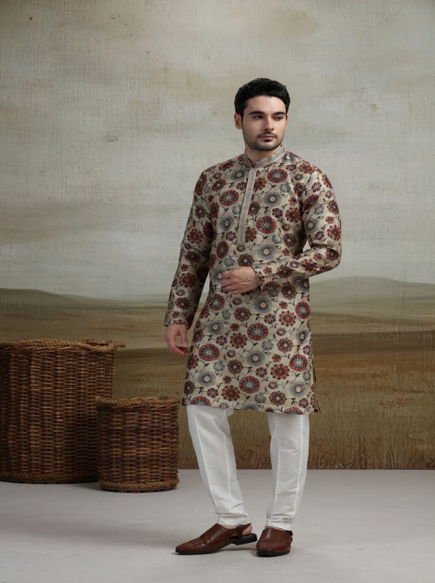 Beige & Multicolor Printed Kurta Pajama | Virasana