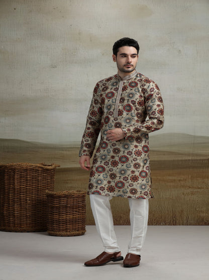 Beige & Multicolor Printed Kurta Pajama | Virasana