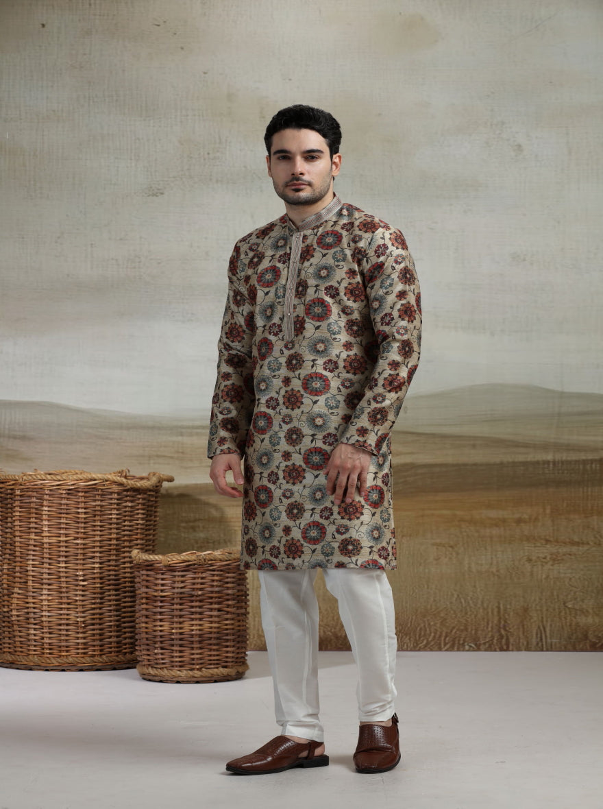 Beige & Multicolor Printed Kurta Pajama | Virasana