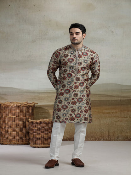 Beige & Multicolor Printed Kurta Pajama | Virasana