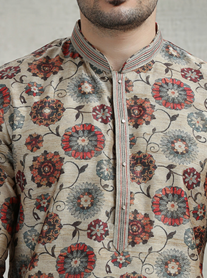 Beige & Multicolor Printed Kurta Pajama | Virasana
