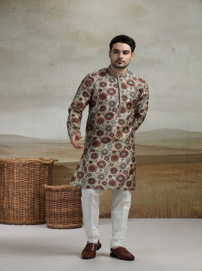 Beige & Multicolor Printed Kurta Pajama | Virasana