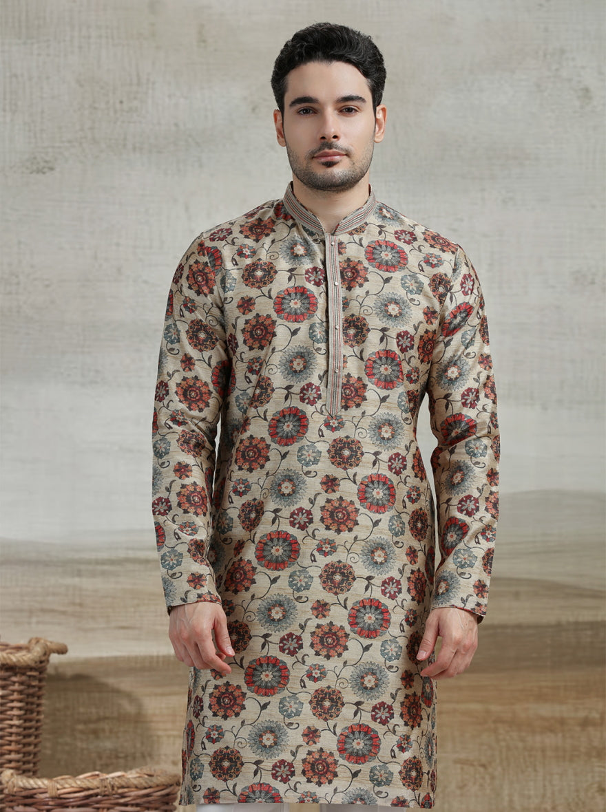 Beige & Multicolor Printed Kurta Pajama | Virasana