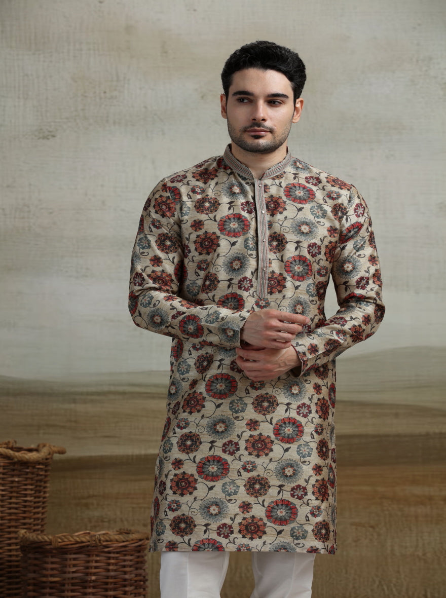 Beige & Multicolor Printed Kurta Pajama | Virasana