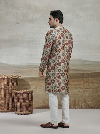 Beige & Multicolor Printed Kurta Pajama | Virasana