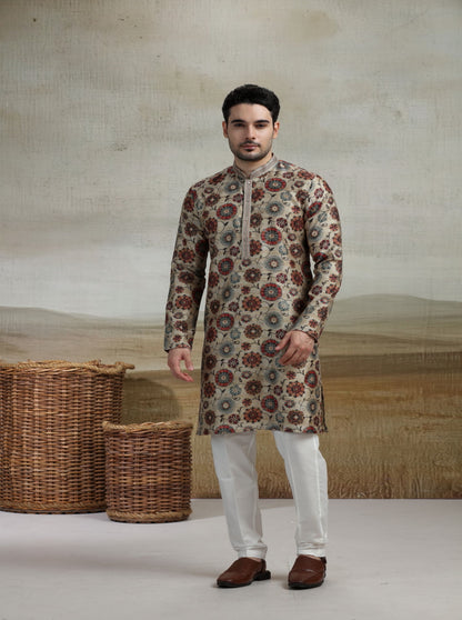 Beige & Multicolor Printed Kurta Pajama | Virasana
